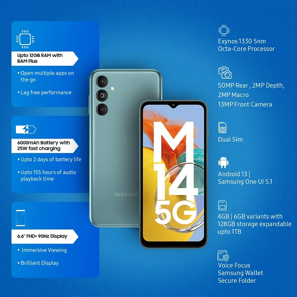 Samsung Galaxy M14 5G 50MP Triple Cam 6000 mAh Battery Berry Blue Samsung Galaxy M14 5G 50MP Triple Cam 6000 mAh Battery