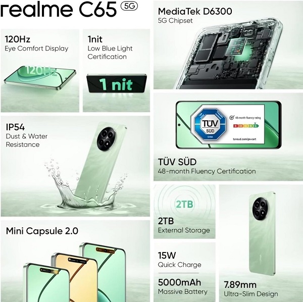realme C65 5G Mobile 5000 mAh Battery IP54 Dust and Water Resistant realme C65 5G Mobile 5000 mAh Battery IP54 Dust and Water Resistant