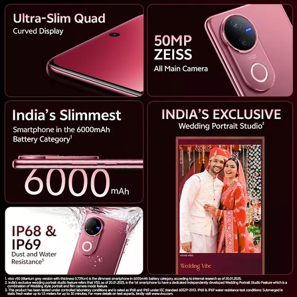 Vivo V50 5G Mobile 17.2 cm (6.77 inch) Display 6000 mAh Battery 7 Gen 3 Processor Rose Red Vivo V50 5G Mobile 17.2 cm (6.77 inch) Display 6000 mAh Battery 7 Gen 3 Processor Rose Red
