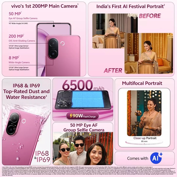 Vivo V60 5G Smartphone, 50MP ZEISS Camera, 6500mAh Battery, IP68/69 Water & Dust Proof Vivo V60e 5G Mobile Elite Purple 6