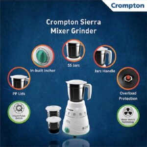 Crompton Sierra 500W Mixer Grinder 3 Jars White and blue