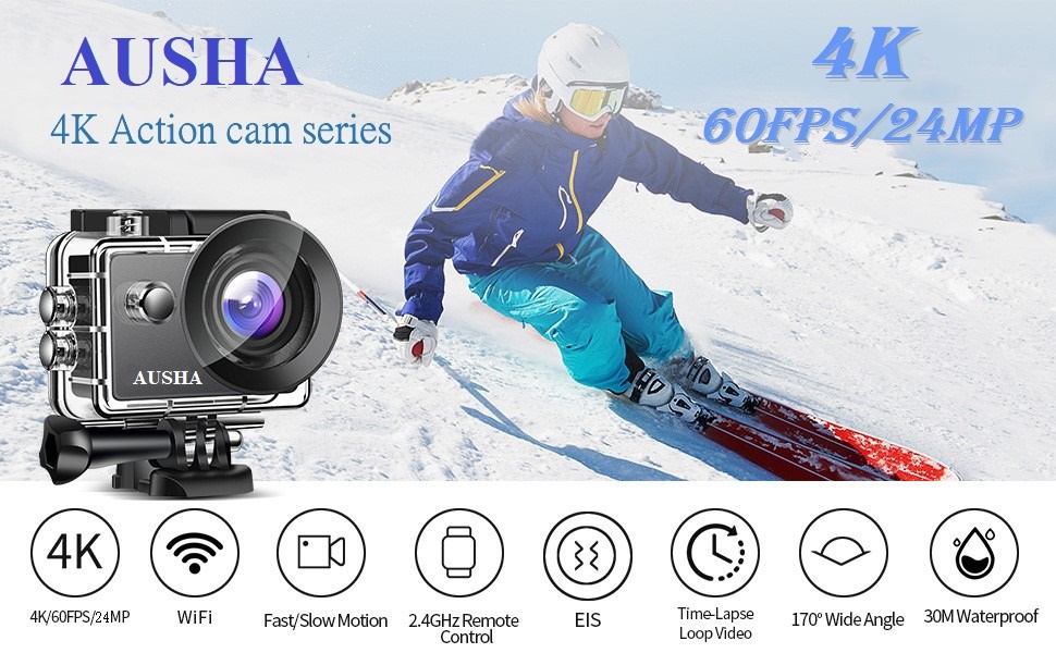 Ausha 60FPS Action Camera 4K with EIS Wi-Fi Support