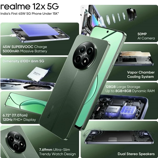 realme 12X 5G Mobile 5000mAh Massive Battery 50MP Color AI Camera realme 12X 5G Mobile 5000mAh Massive Battery 50MP Color AI Camera