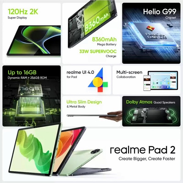 realme Pad 2 6GB RAM 128GB ROM 11.5 inch with Wi-Fi+4G Tablet Imagination Green