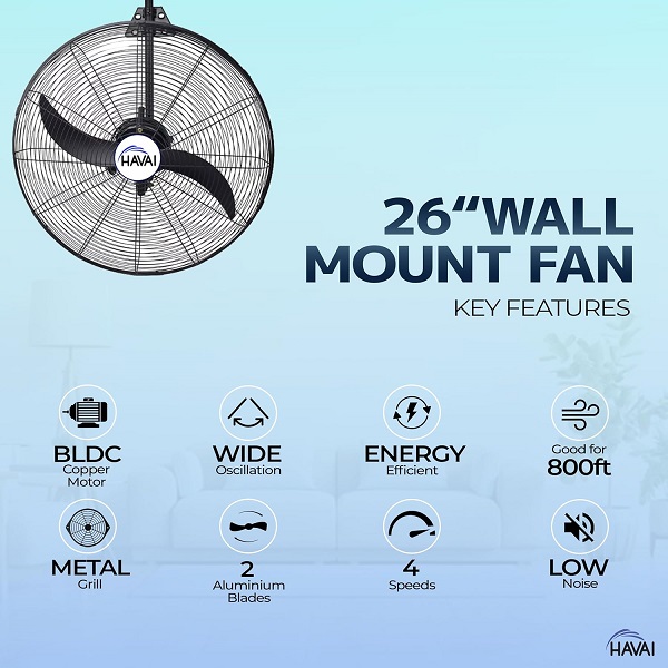 HAVAI 26 Inch Wall Mount Fan 50% Energy Saving 2-Blade Design