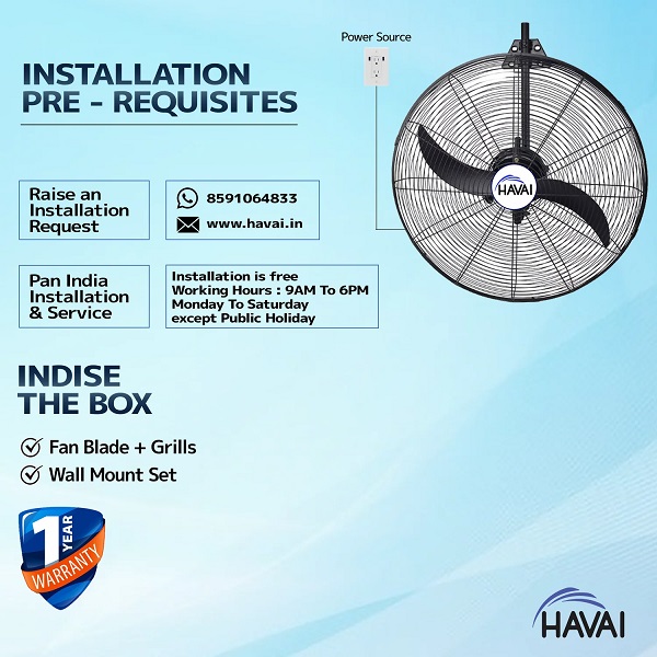 HAVAI 26 Inch Wall Mount Fan 50% Energy Saving 2-Blade Design