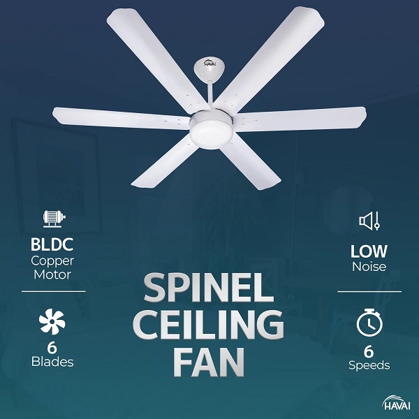 HAVAI Spinel Ceiling Fan Bldc, 35W, 6 Blades, 1200Mm Blade With Remote- 9W Led 5 Stars White