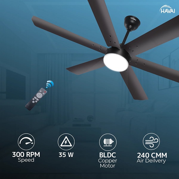 HAVAI Spinel Ceiling Fan Bldc Motor, 35W, 6 Blades, 1200Mm Blade With Remote 9W Led 5 Stars Smokey Brown