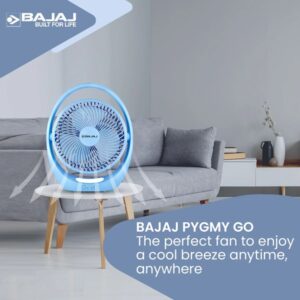 Bajaj Pygmy Go Mini Fan 178mm, Rechargeable LED Fan, 4hr Backup, Blue Color