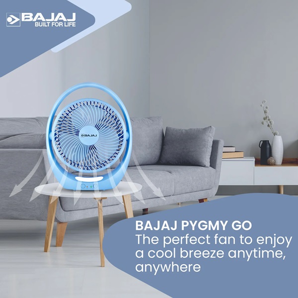 Bajaj Pygmy Go Mini Fan 178mm, Rechargeable LED Fan, 4hr Backup, Blue Color