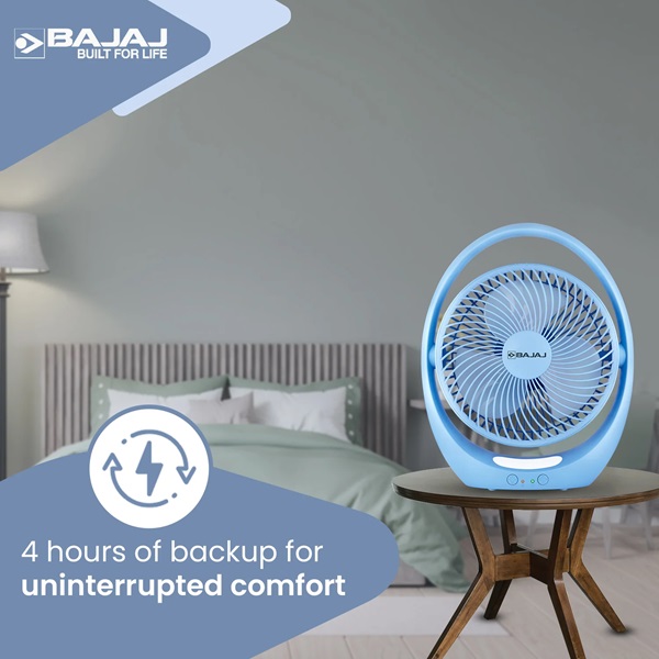 Bajaj Pygmy Go Mini Fan 178mm, Rechargeable LED Fan, 4hr Backup, Blue Color