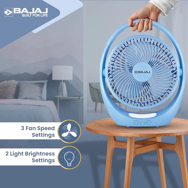 Bajaj Pygmy Go Mini Fan 178mm, Rechargeable LED Fan, 4hr Backup, Blue Color