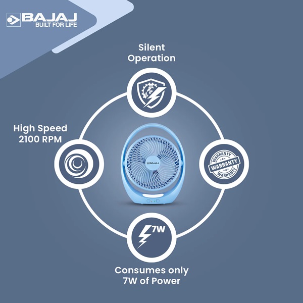 Bajaj Pygmy Go Mini Fan 178mm, Rechargeable LED Fan, 4hr Backup, Blue Color