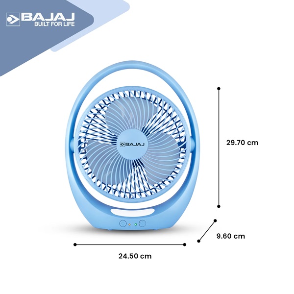 Bajaj Pygmy Go Mini Fan 178mm, Rechargeable LED Fan, 4hr Backup, Blue Color